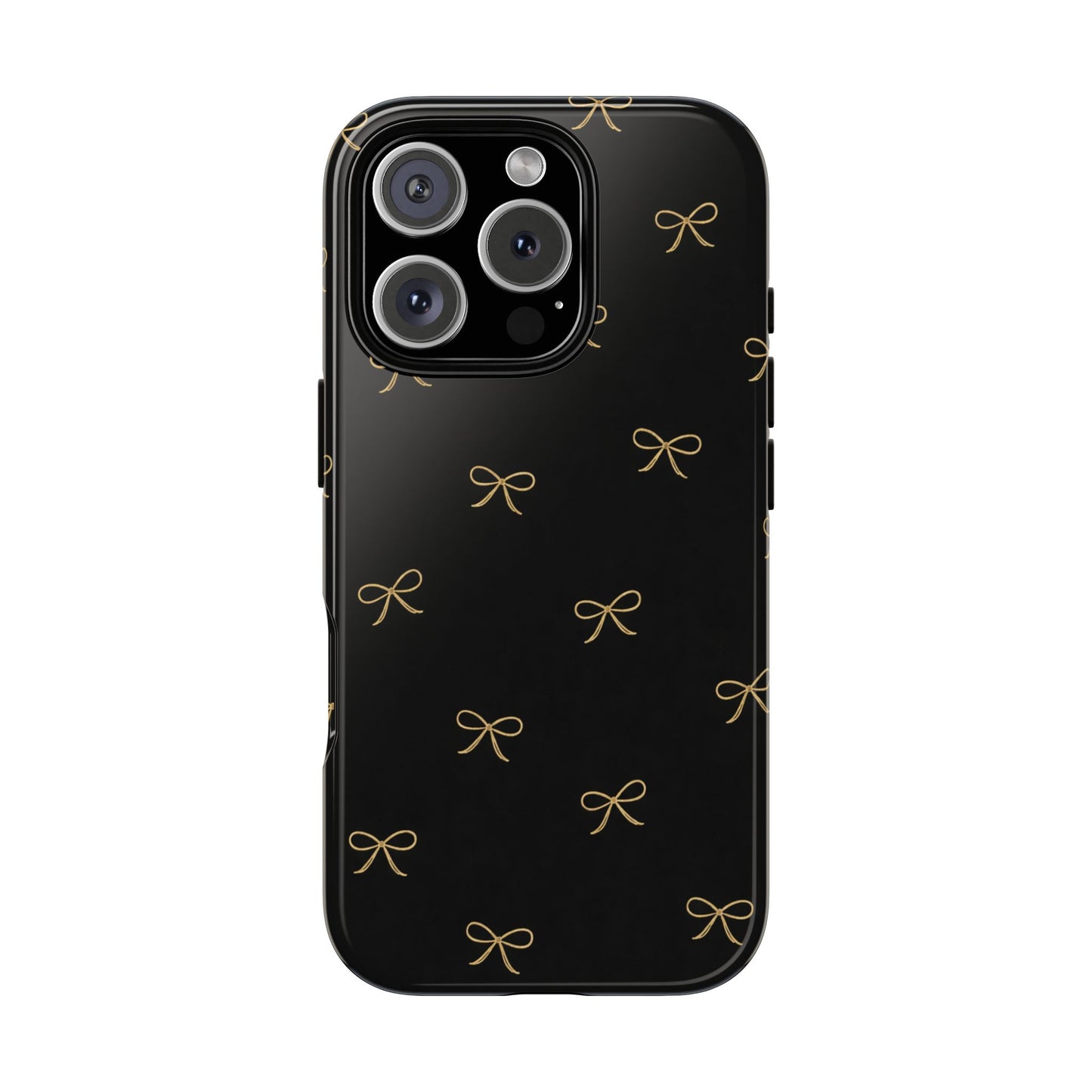 Black Phone Case with Gold Bow Pattern – Slim Protective Cute Aesthetic Cover for Iphone, Samsung Galaxy and Pixel