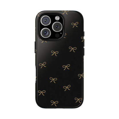 Black Phone Case with Gold Bow Pattern – Slim Protective Cute Aesthetic Cover for Iphone, Samsung Galaxy and Pixel