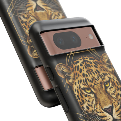 Leopard Head Geometric Phone Case – Black & Gold Luxe Tough Case