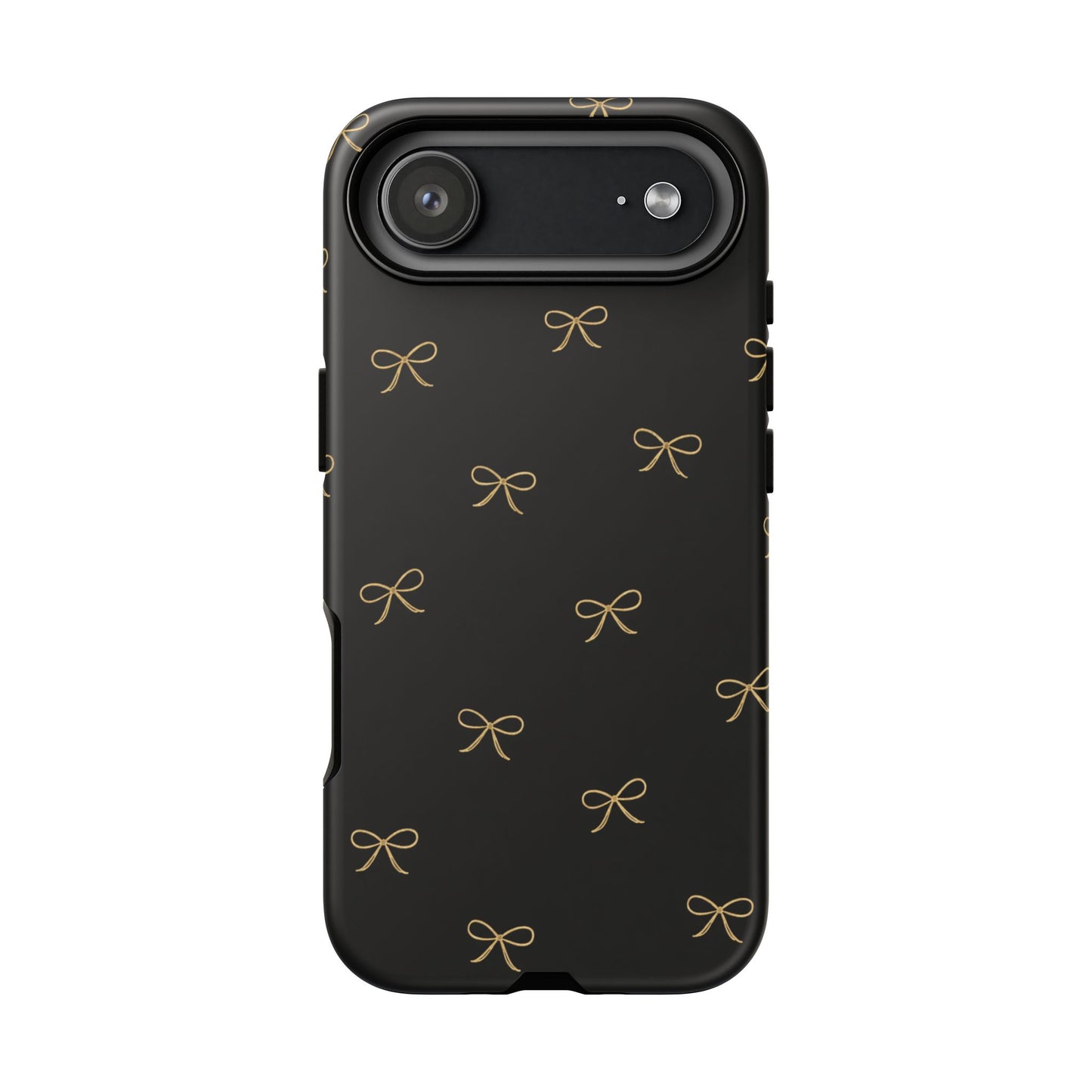 Black Phone Case with Gold Bow Pattern – Slim Protective Cute Aesthetic Cover for Iphone, Samsung Galaxy and Pixel
