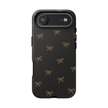 Black Phone Case with Gold Bow Pattern – Slim Protective Cute Aesthetic Cover for Iphone, Samsung Galaxy and Pixel