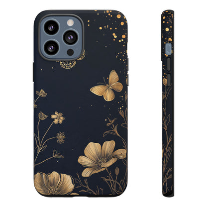 Gold Floral Butterfly Phone Case, Dark Aesthetic Botanical, Elegant Black Luxury iPhone Samsung Cover
