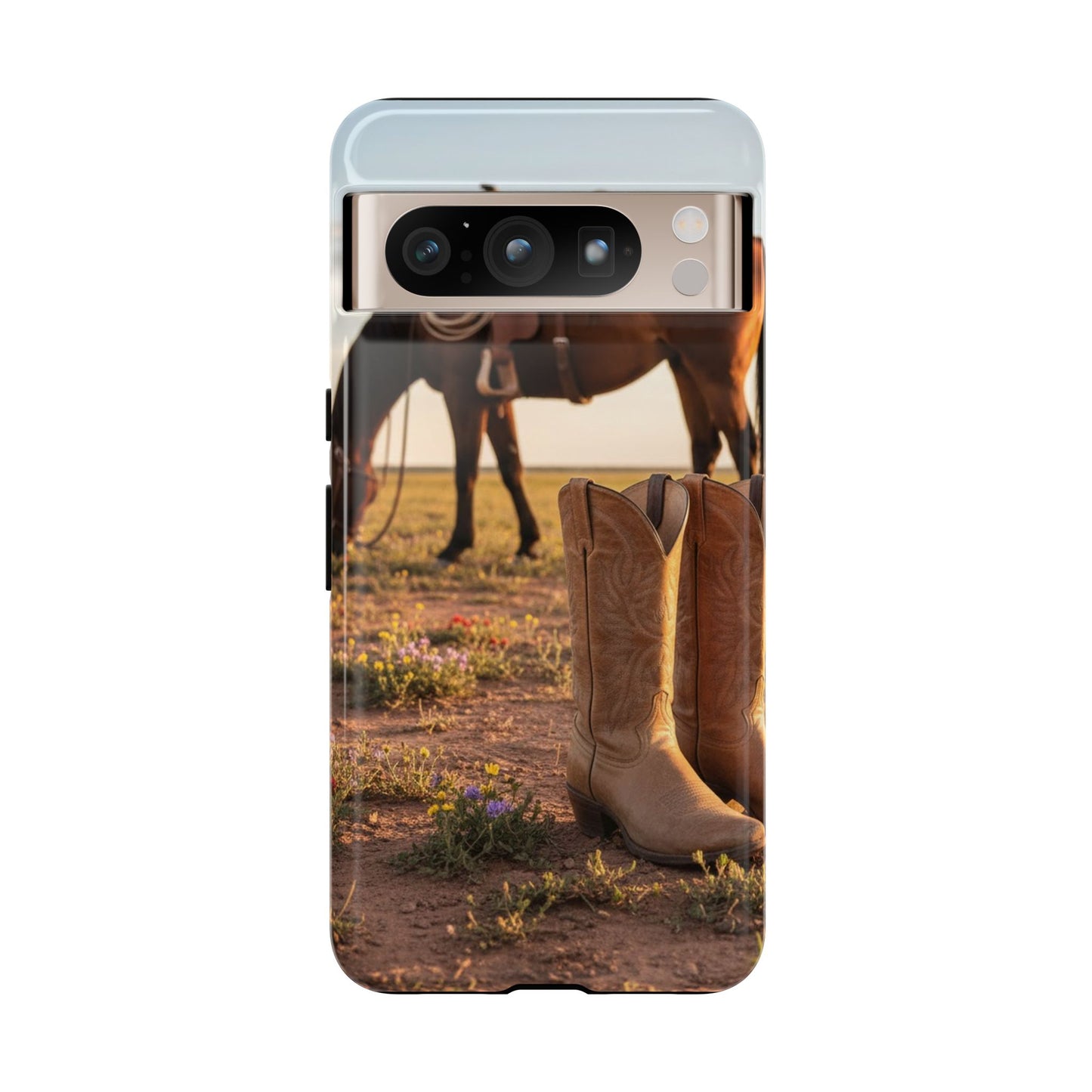 Western Cowboy Boots Phone Case – Rustic Horse Sunset Tough Case (iPhone, Samsung, Pixel)