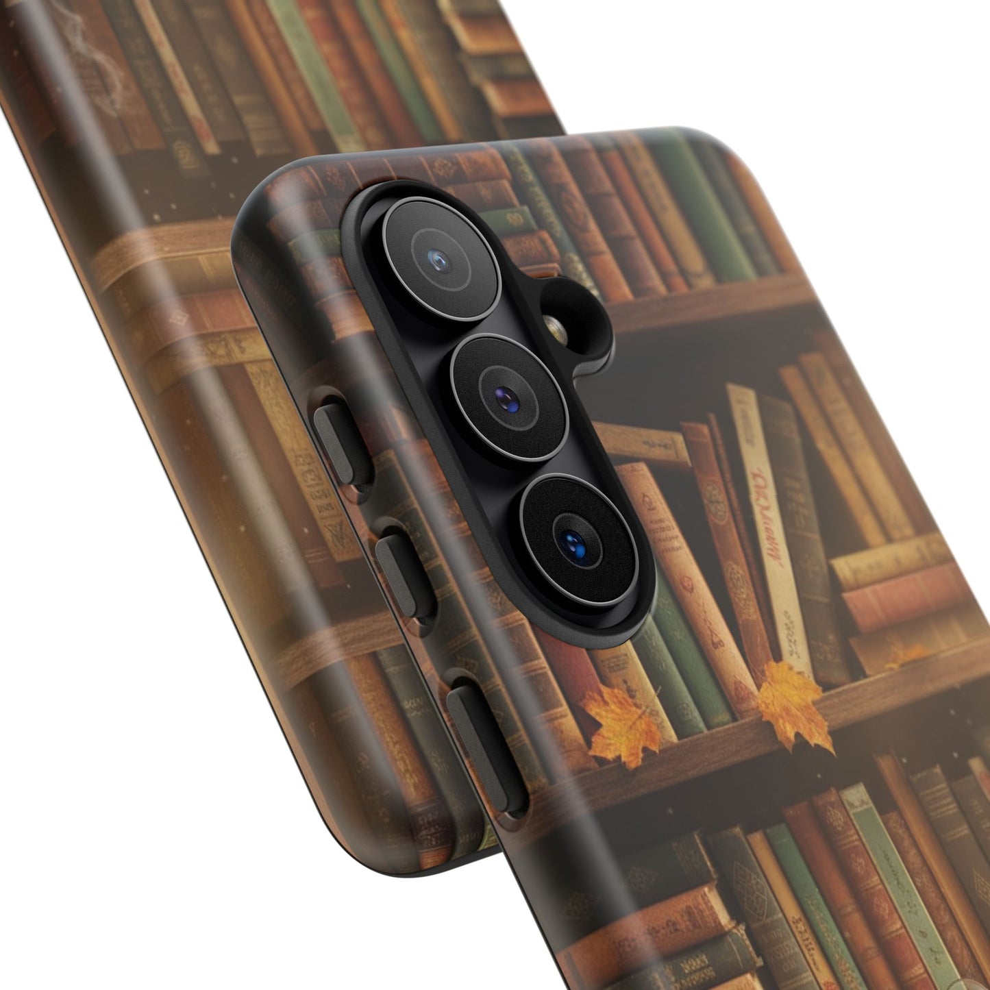 Cozy Vintage Bookshelf Phone Case, Library Aesthetic Book Stack, Autumn Coffee Vibes (iPhone, Samsung, Pixel)