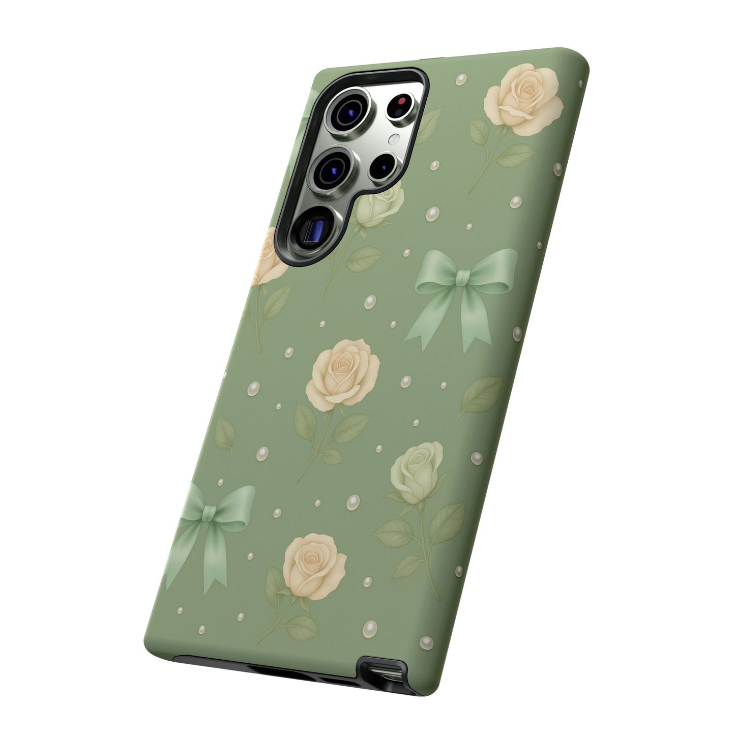 Vintage Rose Bow Phone Case – Sage Green Floral Coquette Aesthetic Tough Case (iPhone, Samsung, Pixel)