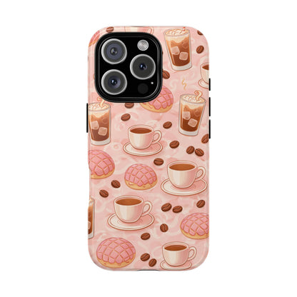 Cute Coffee & Pink Concha Phone Case – Coffee Lover Aesthetic Latte Pattern Tough Case