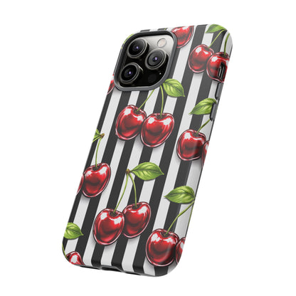 Cherry Pattern Phone Case Black White Stripe Retro Aesthetic Tough Cover