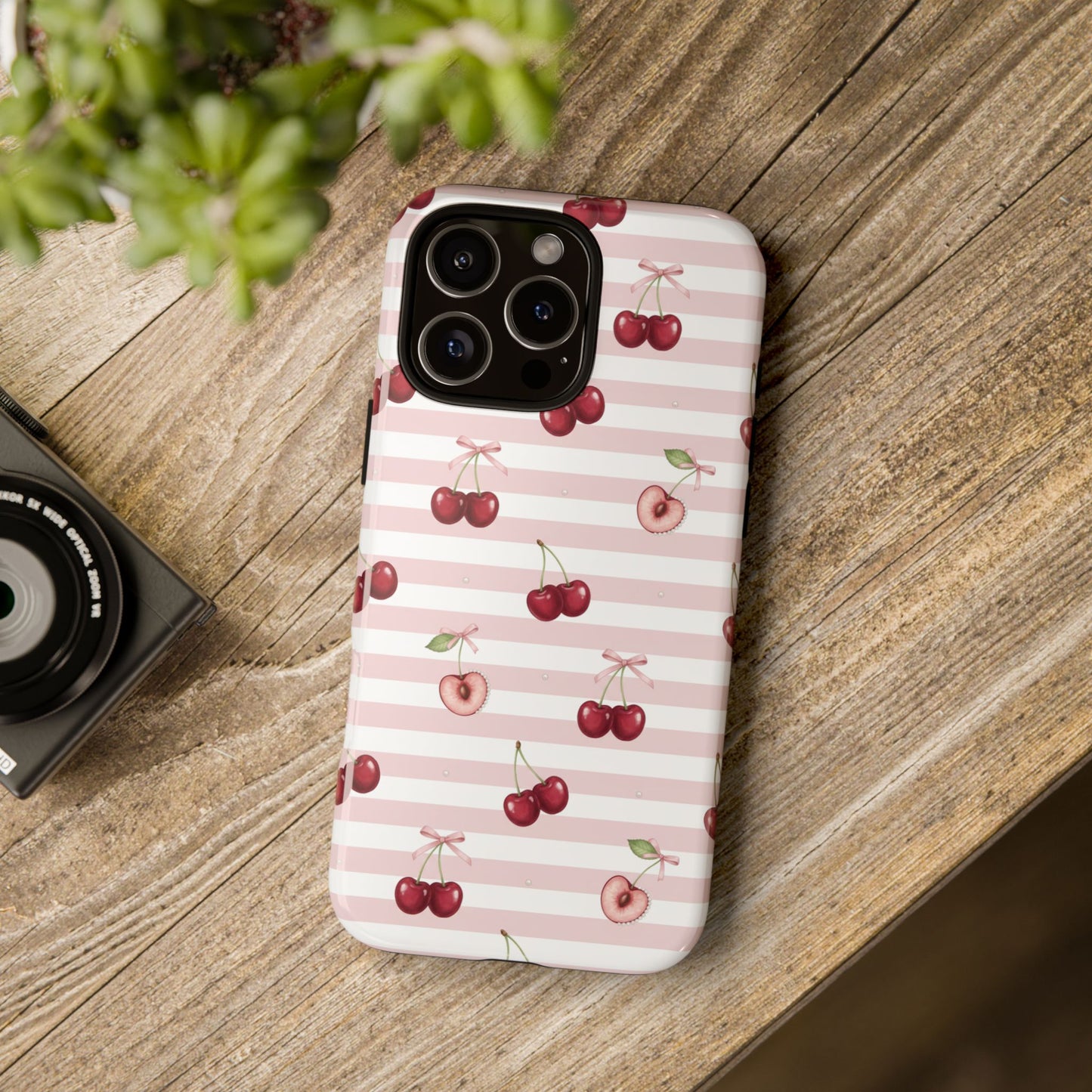 Pink Cherry Stripe Phone Case | Cute Coquette Aesthetic Protective Tough Case