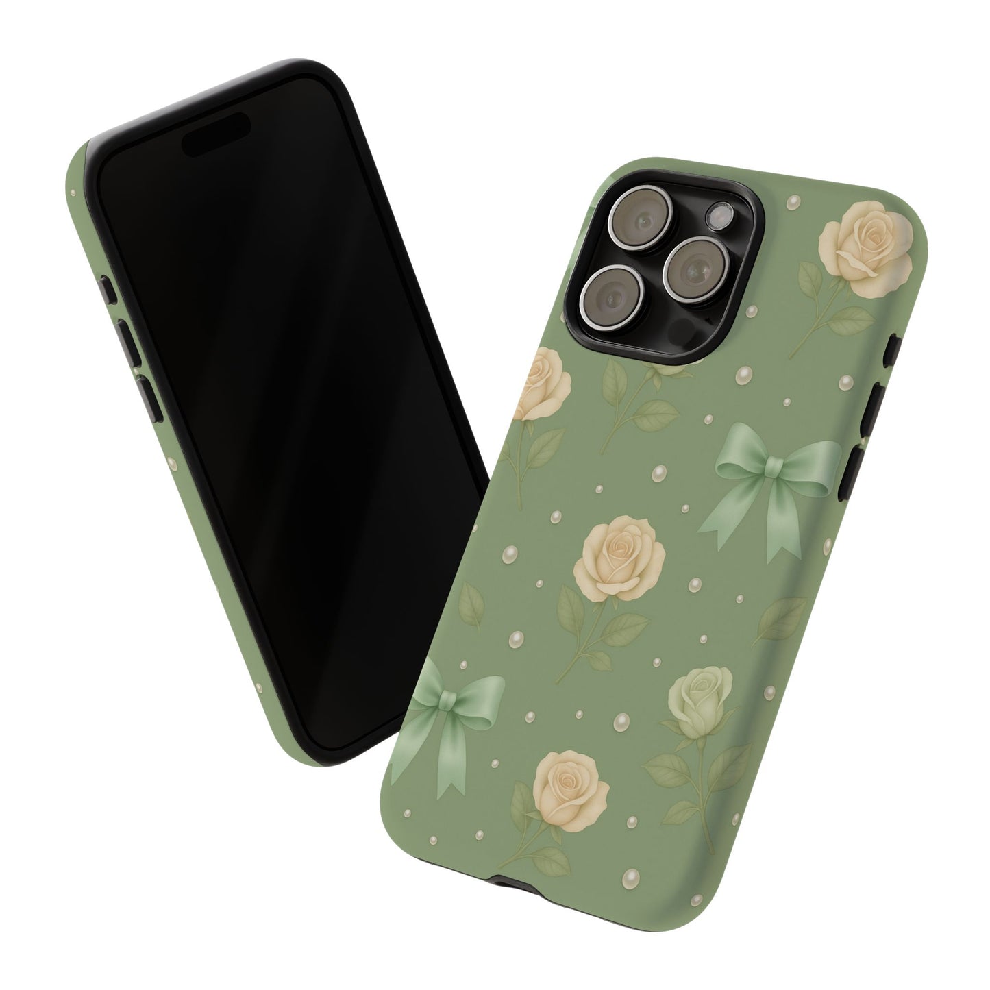 Vintage Rose Bow Phone Case – Sage Green Floral Coquette Aesthetic Tough Case (iPhone, Samsung, Pixel)