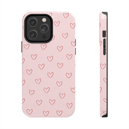 Pink Doodle Hearts Phone Case | Minimal Cute Heart Pattern Tough Case