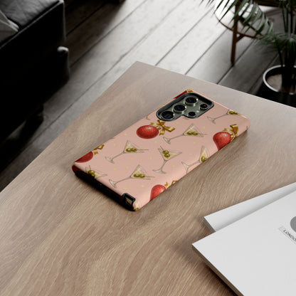 Cocktail Ornament Phone Case – Pink Martini & Cherry Pattern | Glossy or Matte for Iphone, Samsung Galaxy and Pixel
