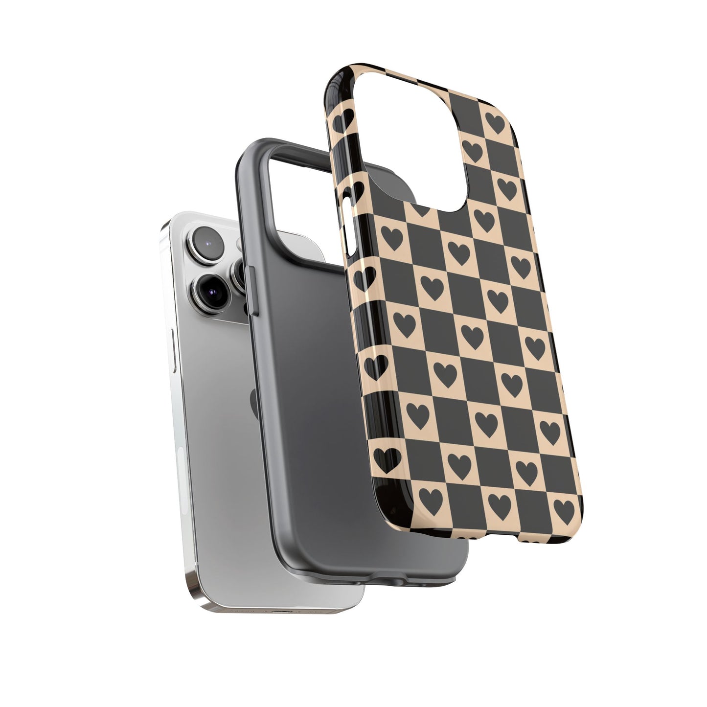 Checkerboard Heart Phone Case – Black & Beige Cute Aesthetic Protective Cover for Iphone, Samsung Galaxy and Pixel
