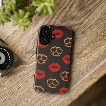 Red Lipstick & Knuckle Duster Phone Case | Bold Kiss Print Tough Protective Cover for Iphone, Samsung Galaxy and Pixel