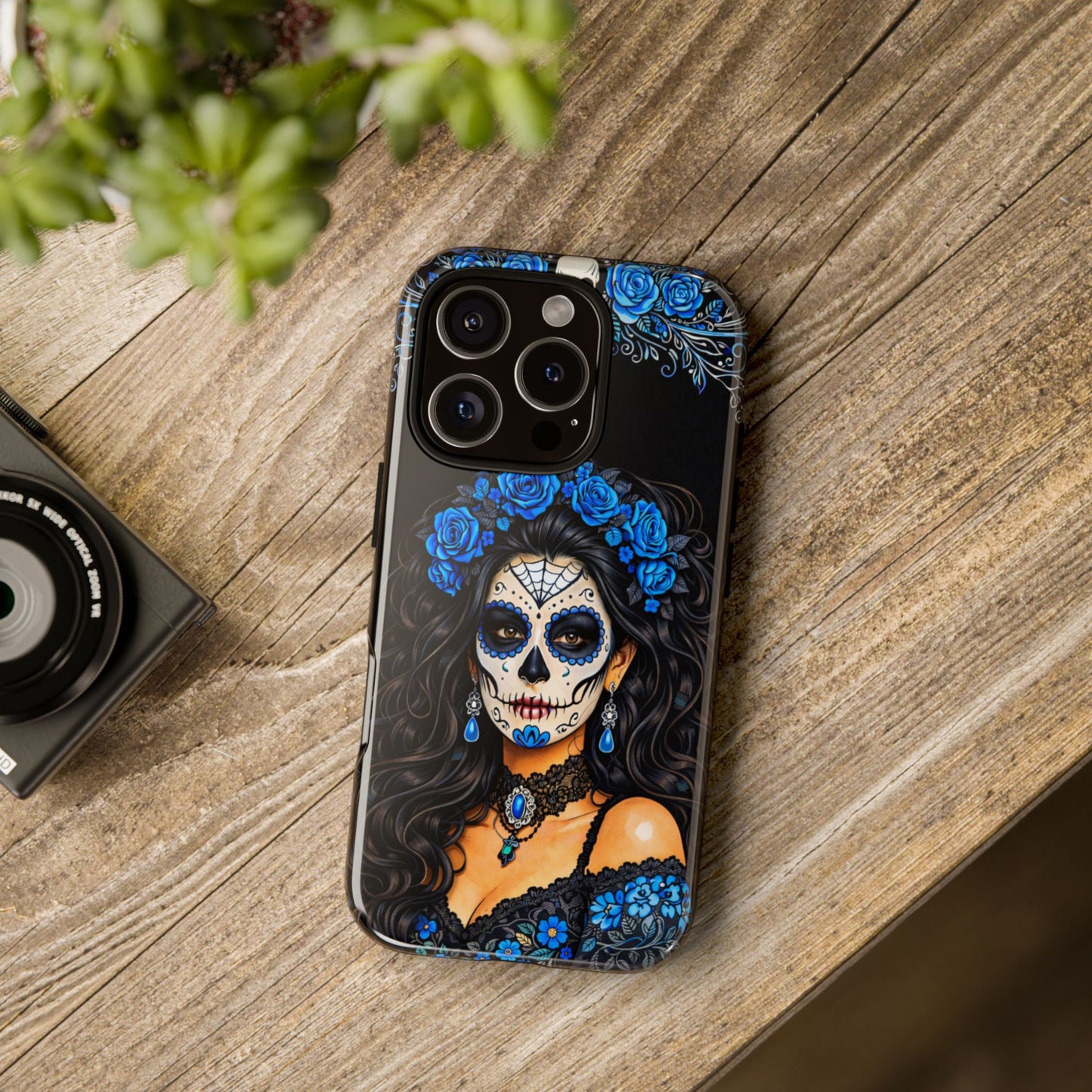 Blue Sugar Skull Woman Phone Case – Day of the Dead Aesthetic Tough Cover