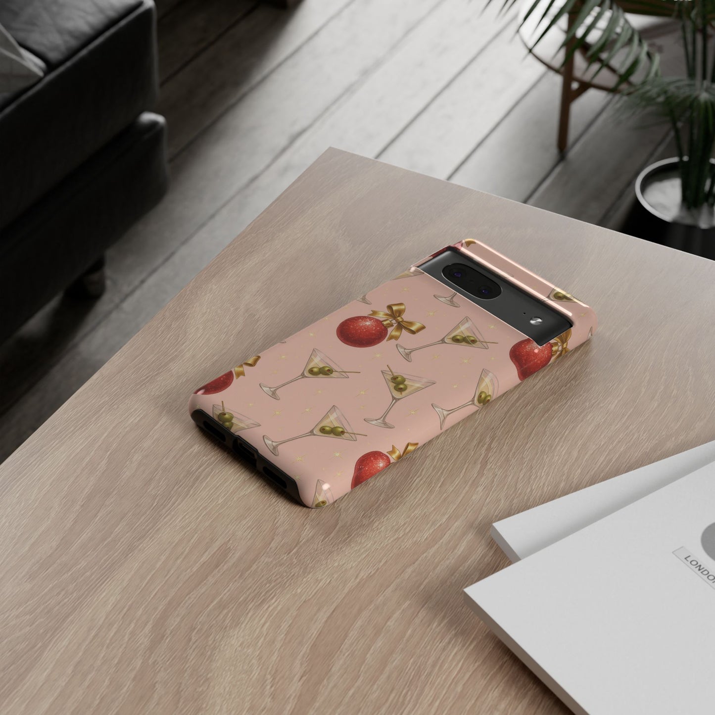 Cocktail Ornament Phone Case – Pink Martini & Cherry Pattern | Glossy or Matte for Iphone, Samsung Galaxy and Pixel