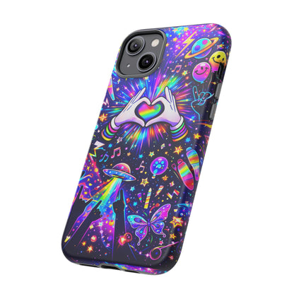 Rainbow Heart Hands Phone Case – Neon Galaxy EDM Festival Tough Cover