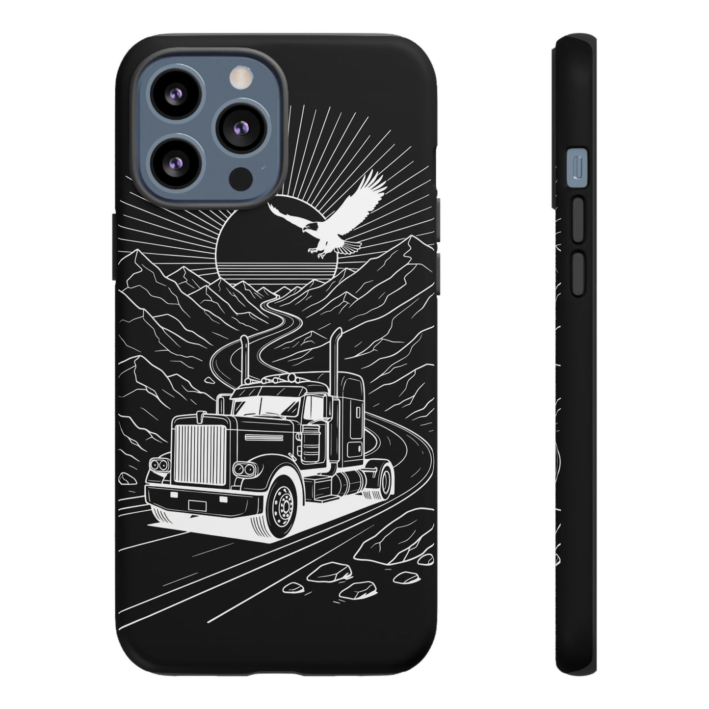 Trucker Highway Phone Case | Eagle & Mountain Line Art | Black Western Tough Case