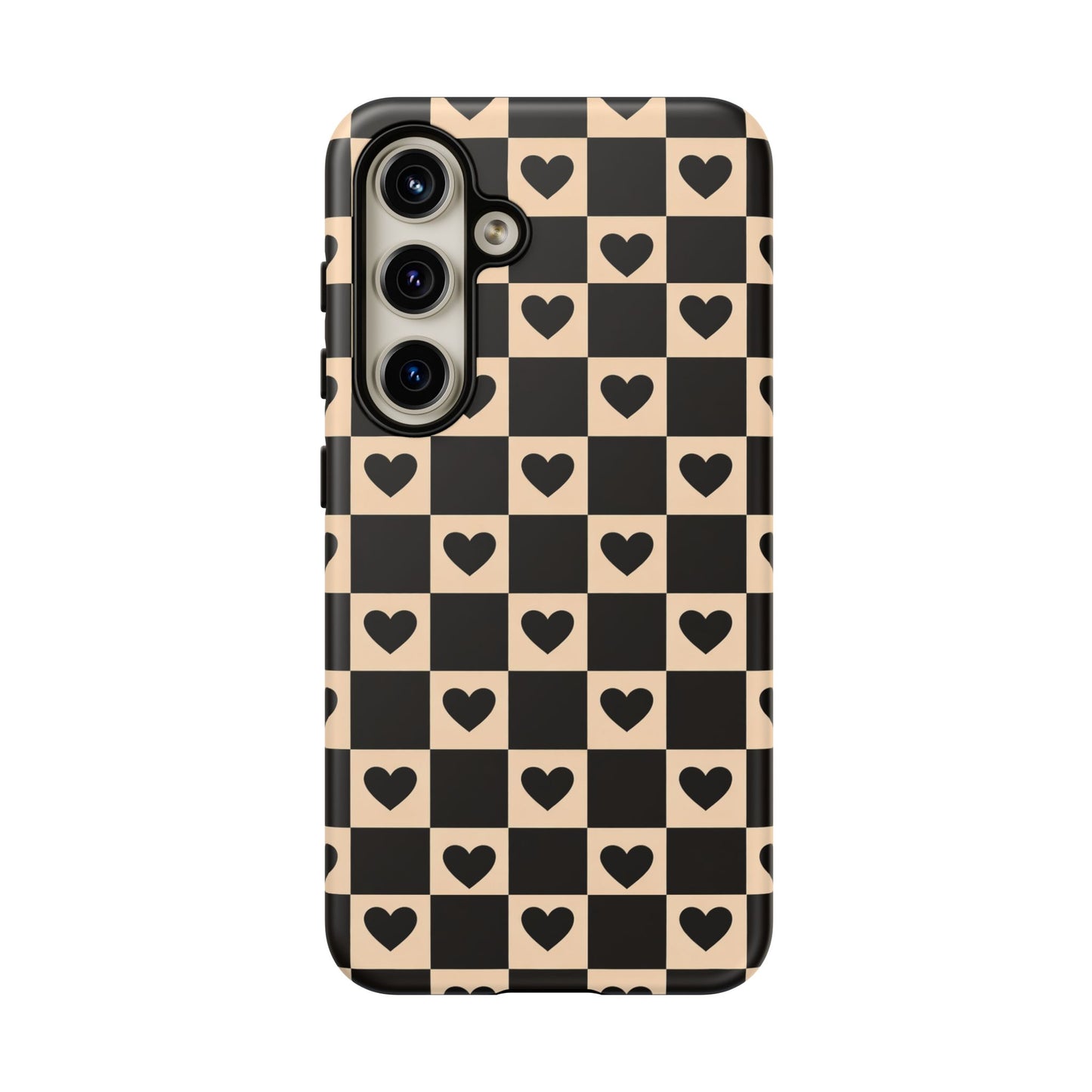 Checkerboard Heart Phone Case – Black & Beige Cute Aesthetic Protective Cover for Iphone, Samsung Galaxy and Pixel