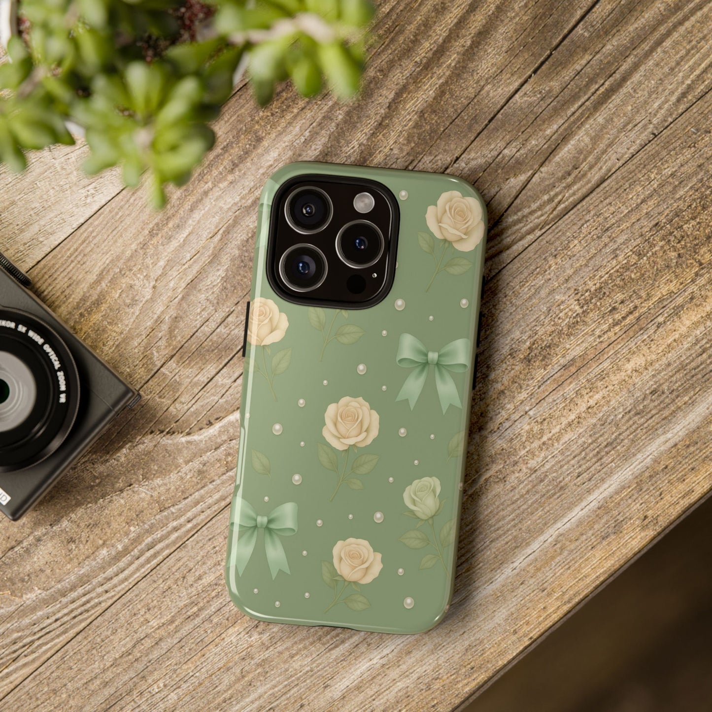 Vintage Rose Bow Phone Case – Sage Green Floral Coquette Aesthetic Tough Case (iPhone, Samsung, Pixel)