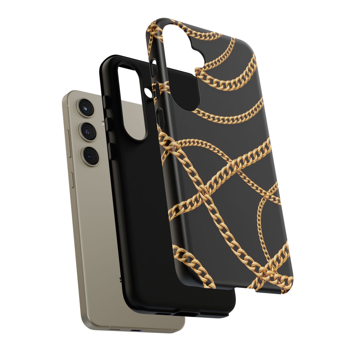 Luxury Gold Chain Phone Case – Black Designer Style Tough Protective Cover for Iphone, Samsung Galaxy and Pixel
