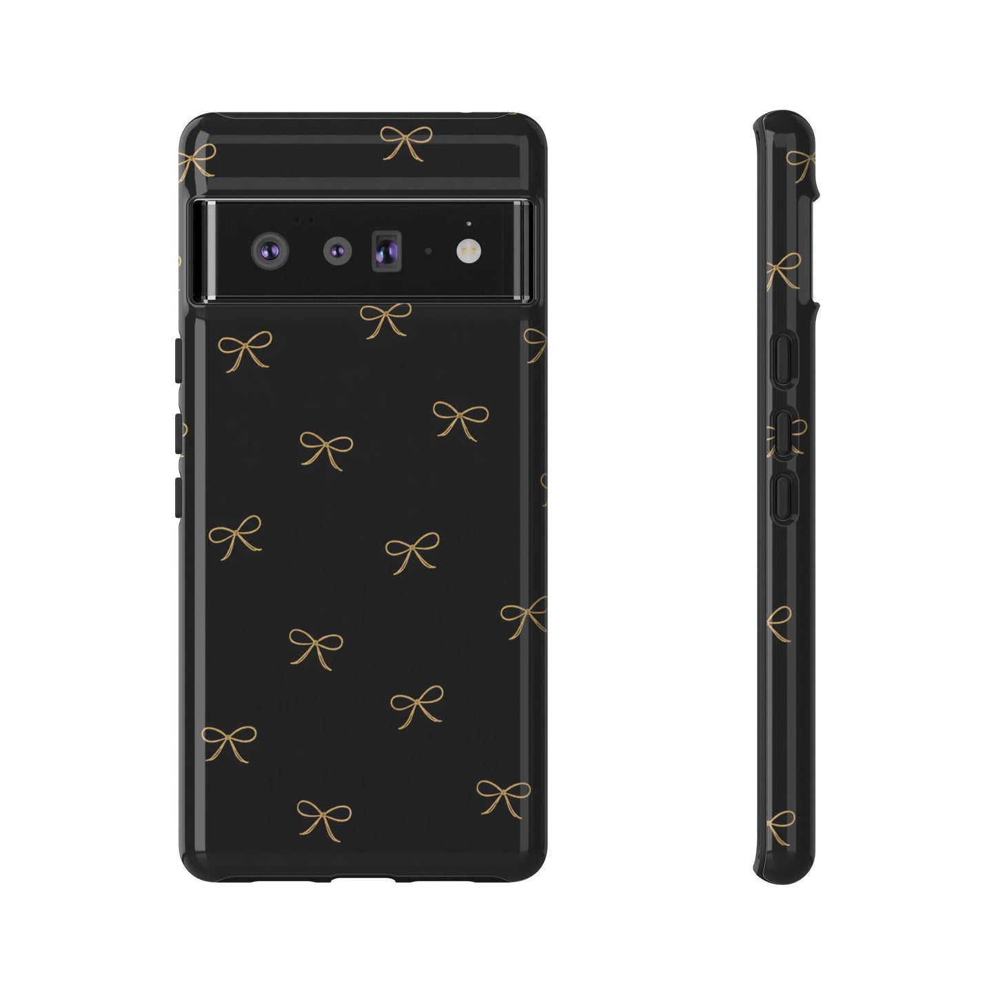 Black Phone Case with Gold Bow Pattern – Slim Protective Cute Aesthetic Cover for Iphone, Samsung Galaxy and Pixel