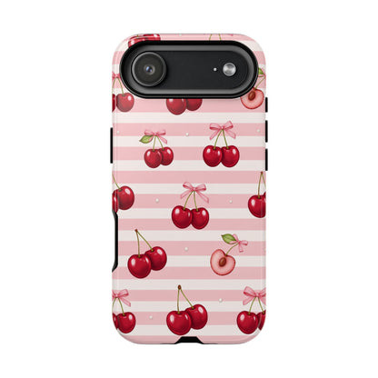 Coquette Cherry Bow Phone Case | Cute Pink Aesthetic Cherry Pattern Tough Case for iPhone & Samsung
