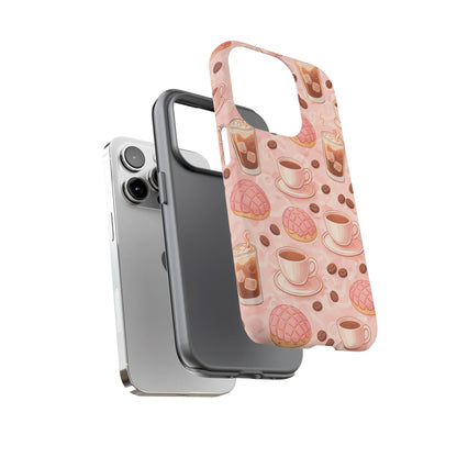 Cute Coffee & Pink Concha Phone Case – Coffee Lover Aesthetic Latte Pattern Tough Case