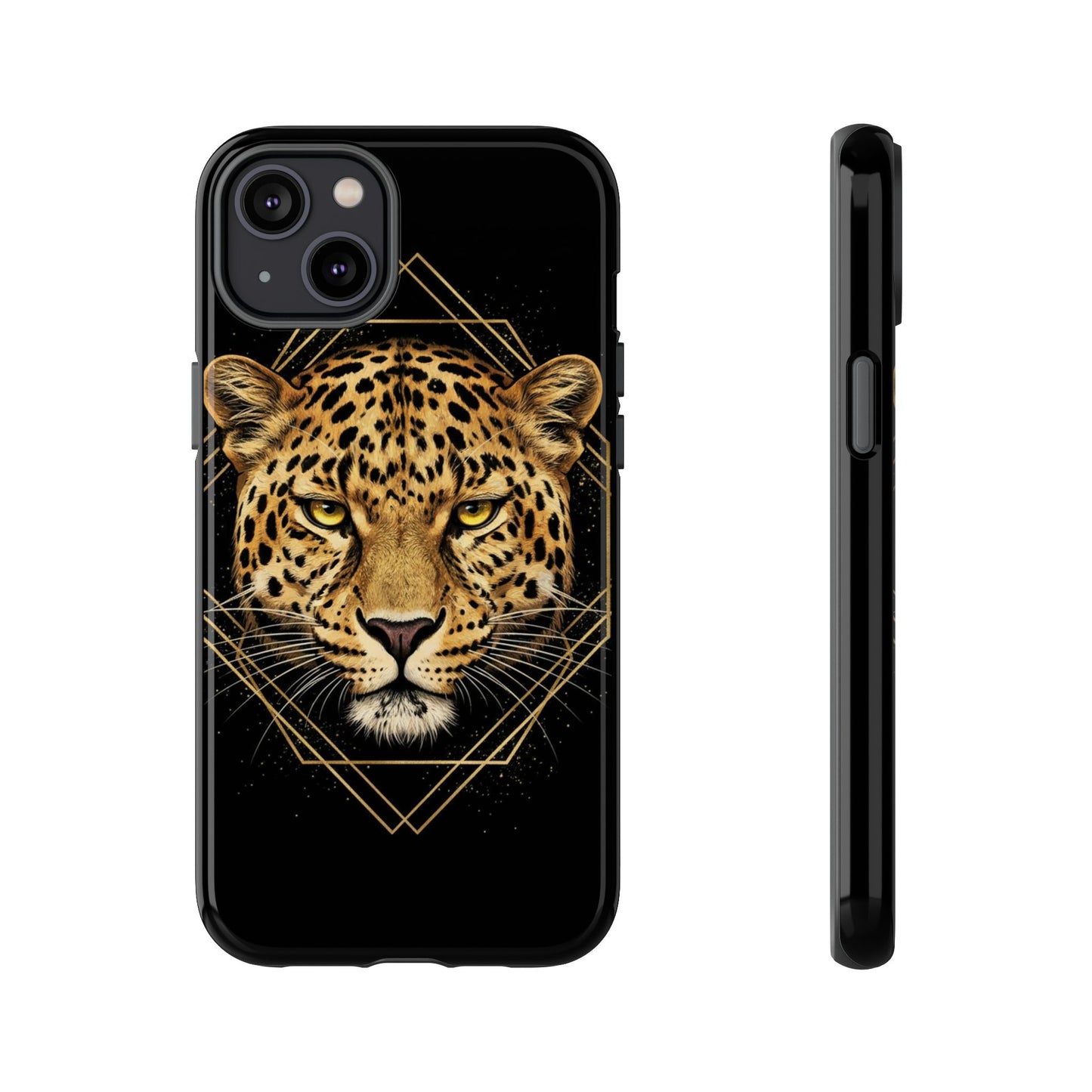 Leopard Head Geometric Phone Case – Black & Gold Luxe Tough Case