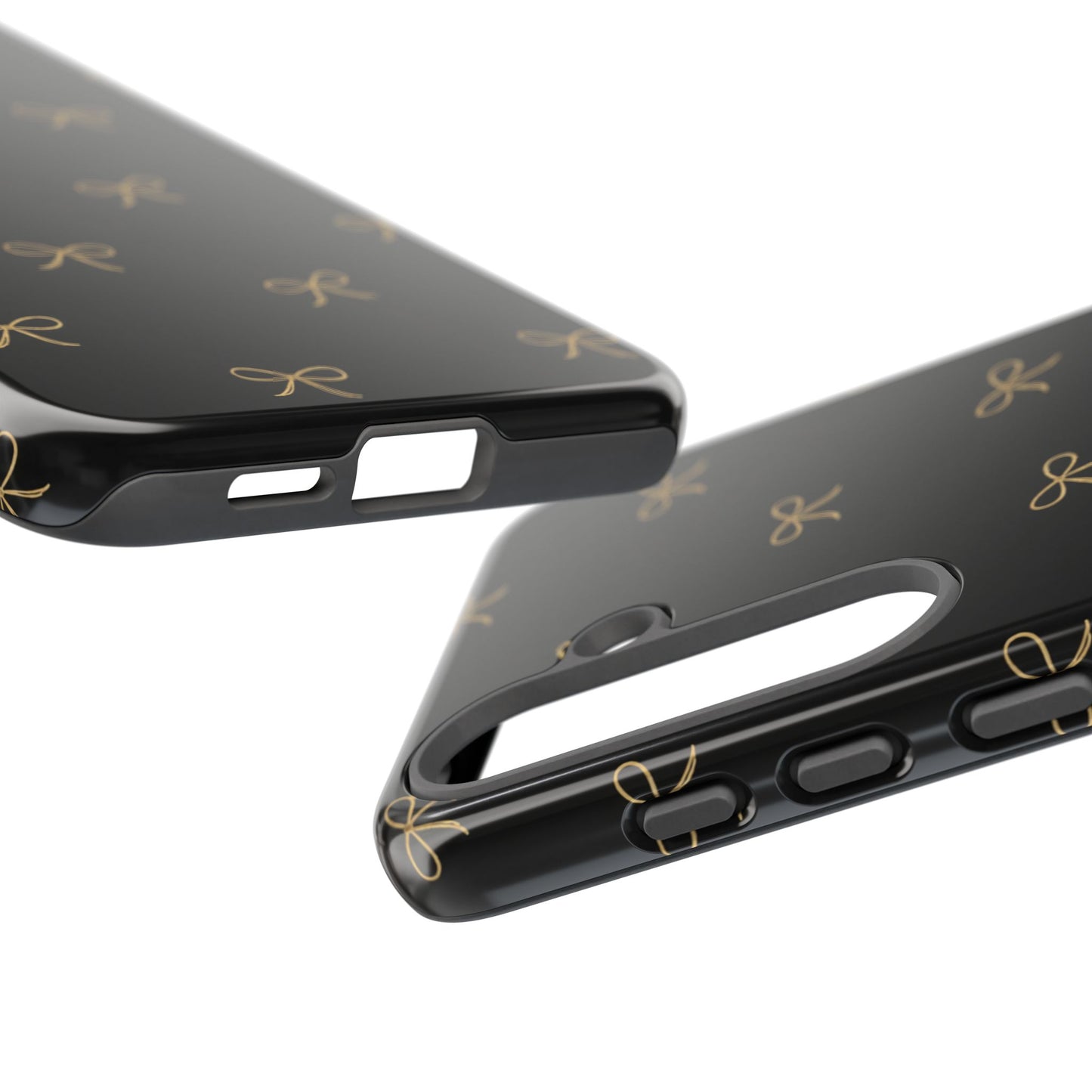 Black Phone Case with Gold Bow Pattern – Slim Protective Cute Aesthetic Cover for Iphone, Samsung Galaxy and Pixel