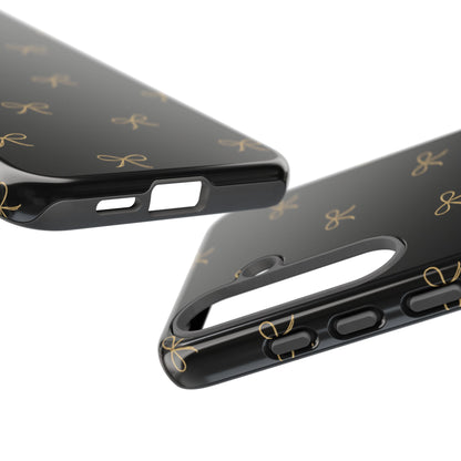 Black Phone Case with Gold Bow Pattern – Slim Protective Cute Aesthetic Cover for Iphone, Samsung Galaxy and Pixel