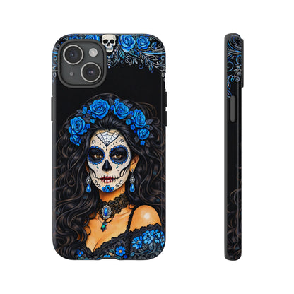 Blue Sugar Skull Woman Phone Case – Day of the Dead Aesthetic Tough Cover
