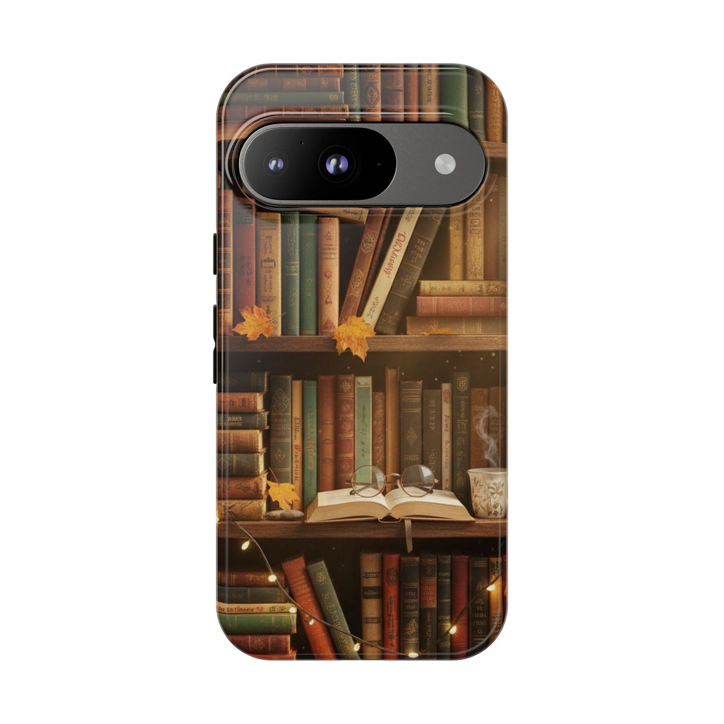 Cozy Vintage Bookshelf Phone Case, Library Aesthetic Book Stack, Autumn Coffee Vibes (iPhone, Samsung, Pixel)
