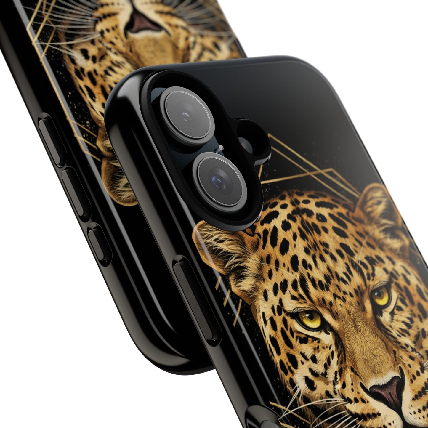 Leopard Head Geometric Phone Case – Black & Gold Luxe Tough Case