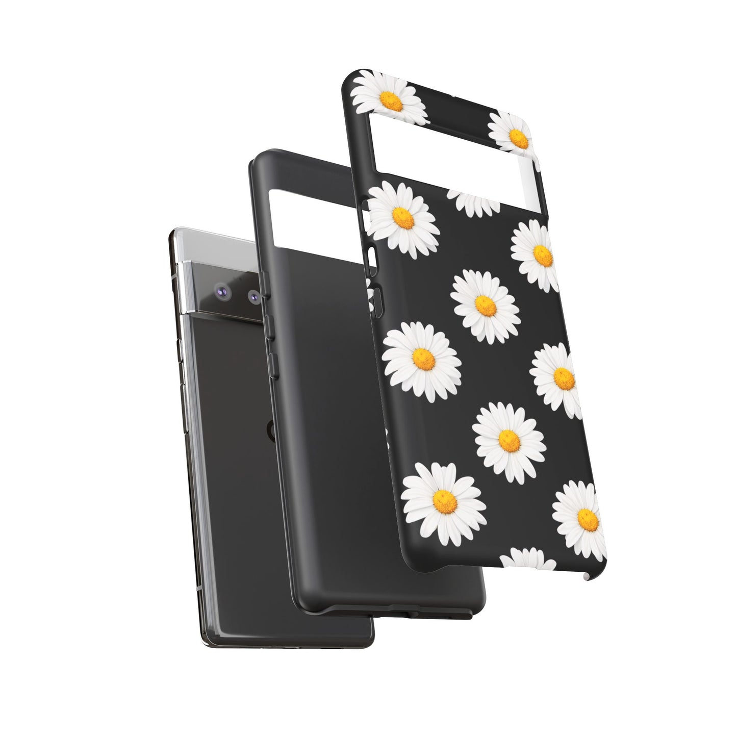Black Daisy Floral Tough Phone Case – Cute Protective Cover for Iphone, Samsung Galaxy and Pixel