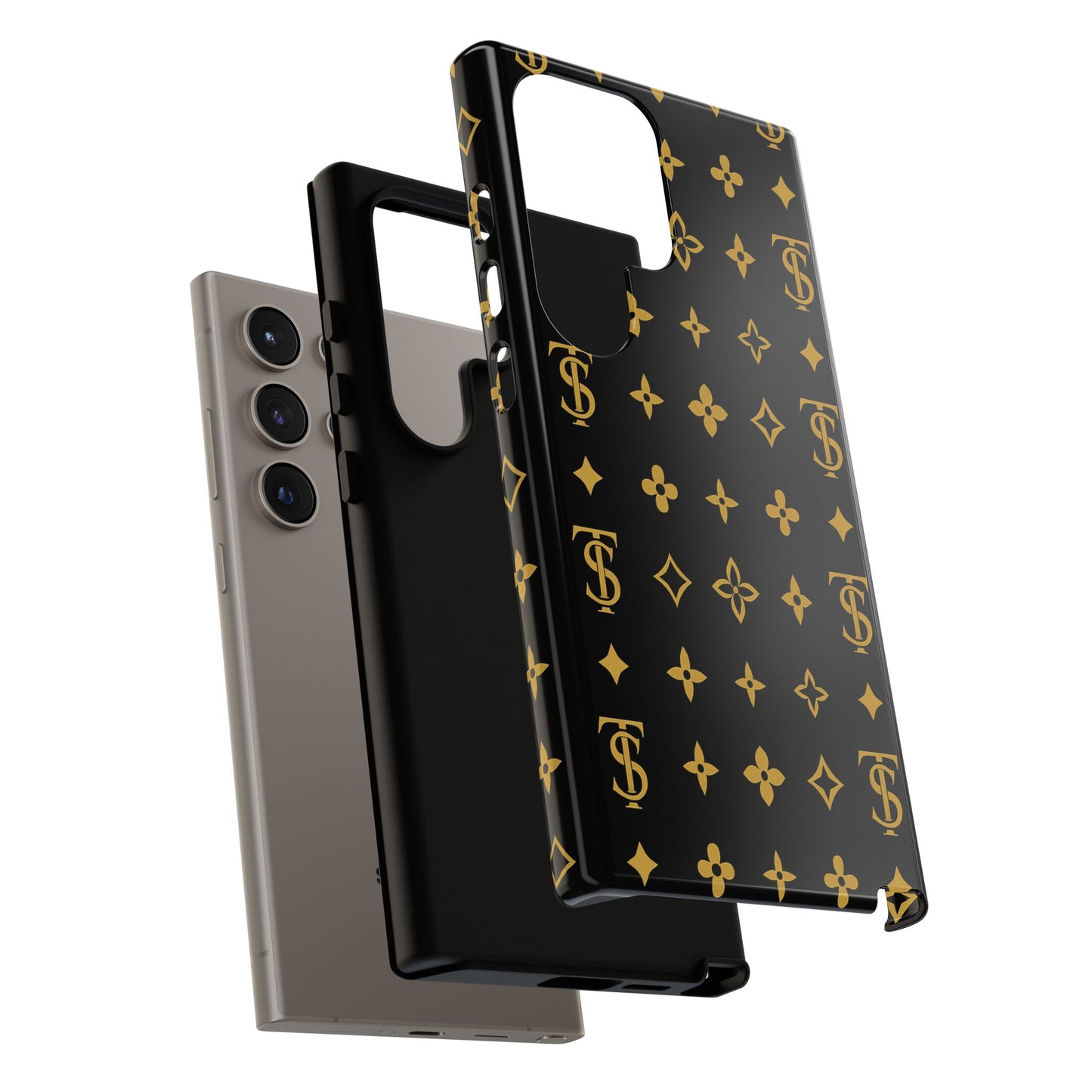 Gold Monogram Pattern Tough Phone Case | Black & Gold Luxury Design for Iphone, Samsung Galaxy and Pixel