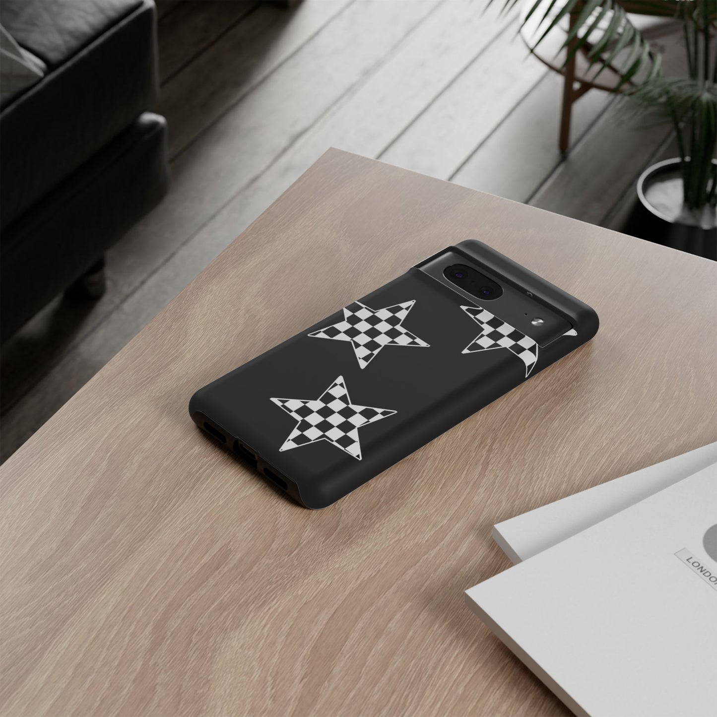 Checkered Star Tough Phone Case – Black Retro Graphic Protective Cover for Iphone, Samsung Galaxy and Pixel