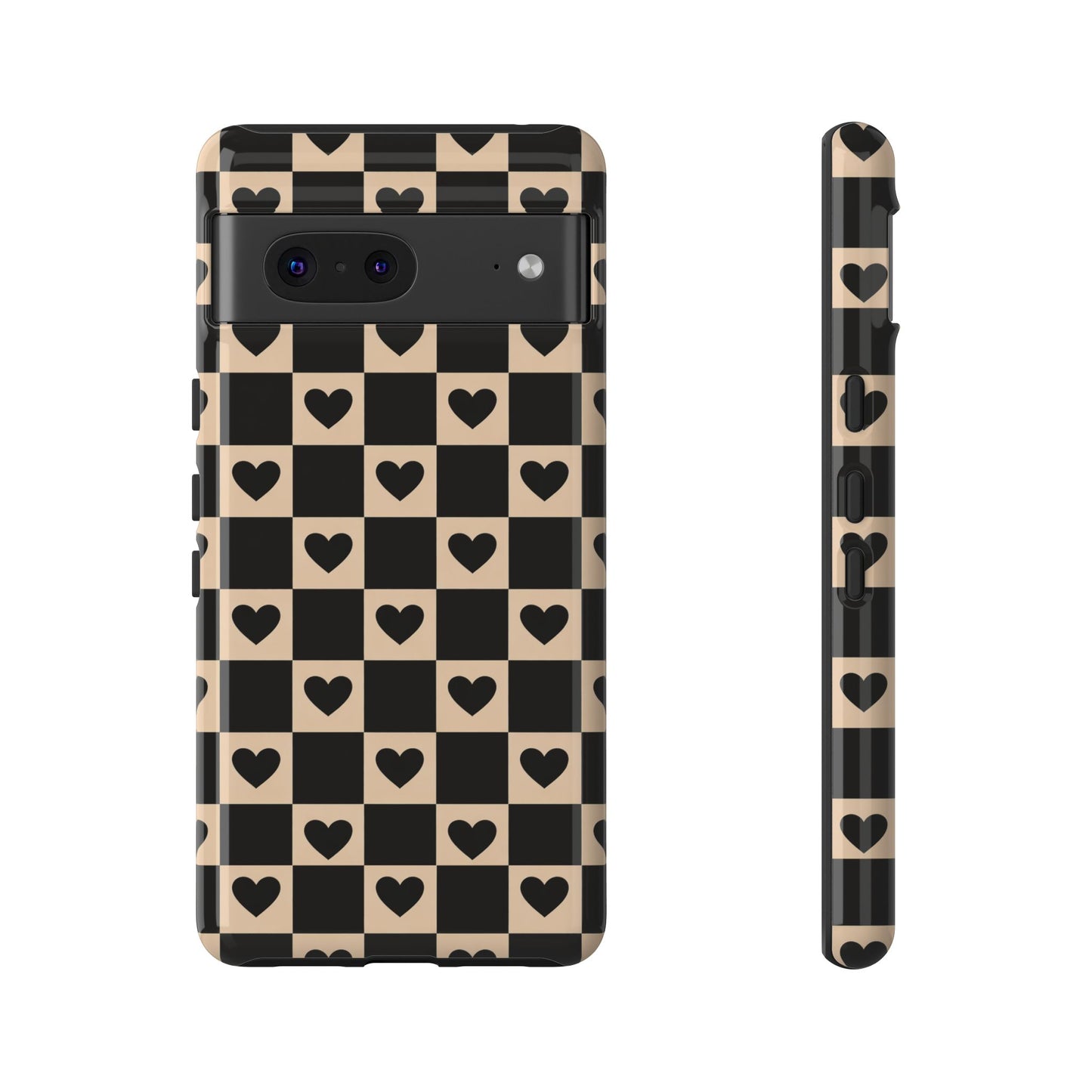 Checkerboard Heart Phone Case – Black & Beige Cute Aesthetic Protective Cover for Iphone, Samsung Galaxy and Pixel