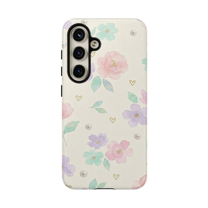 Pastel Floral Phone Case – Coquette Watercolor Flower Hearts Tough Case (iPhone, Samsung, Pixel)