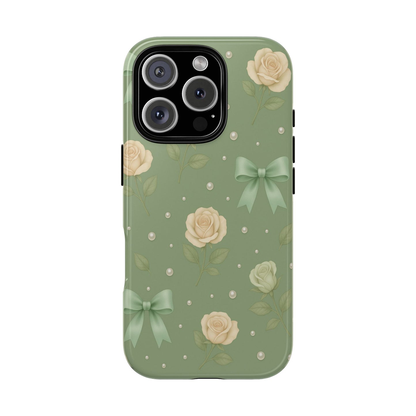 Vintage Rose Bow Phone Case – Sage Green Floral Coquette Aesthetic Tough Case (iPhone, Samsung, Pixel)