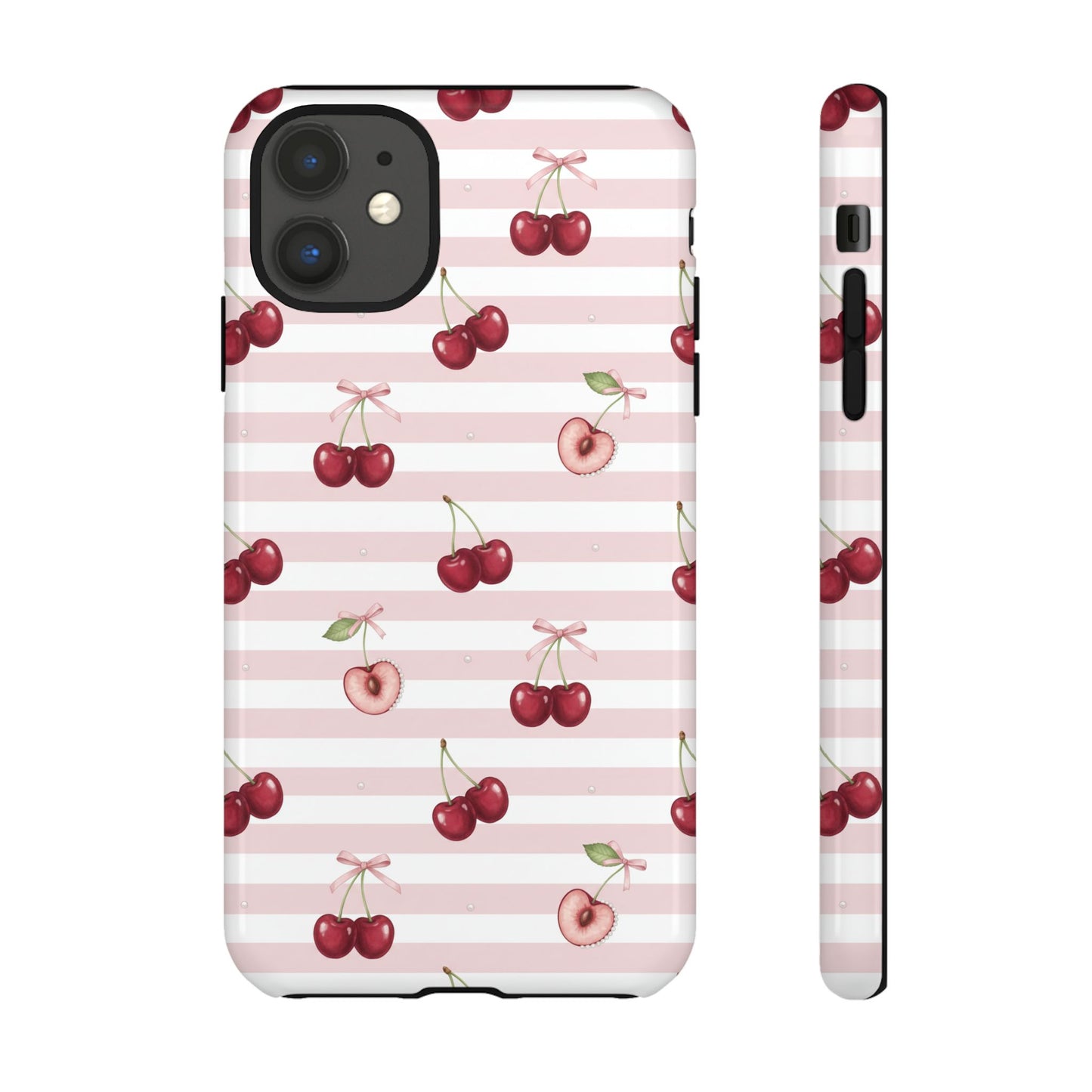 Pink Cherry Stripe Phone Case | Cute Coquette Aesthetic Protective Tough Case