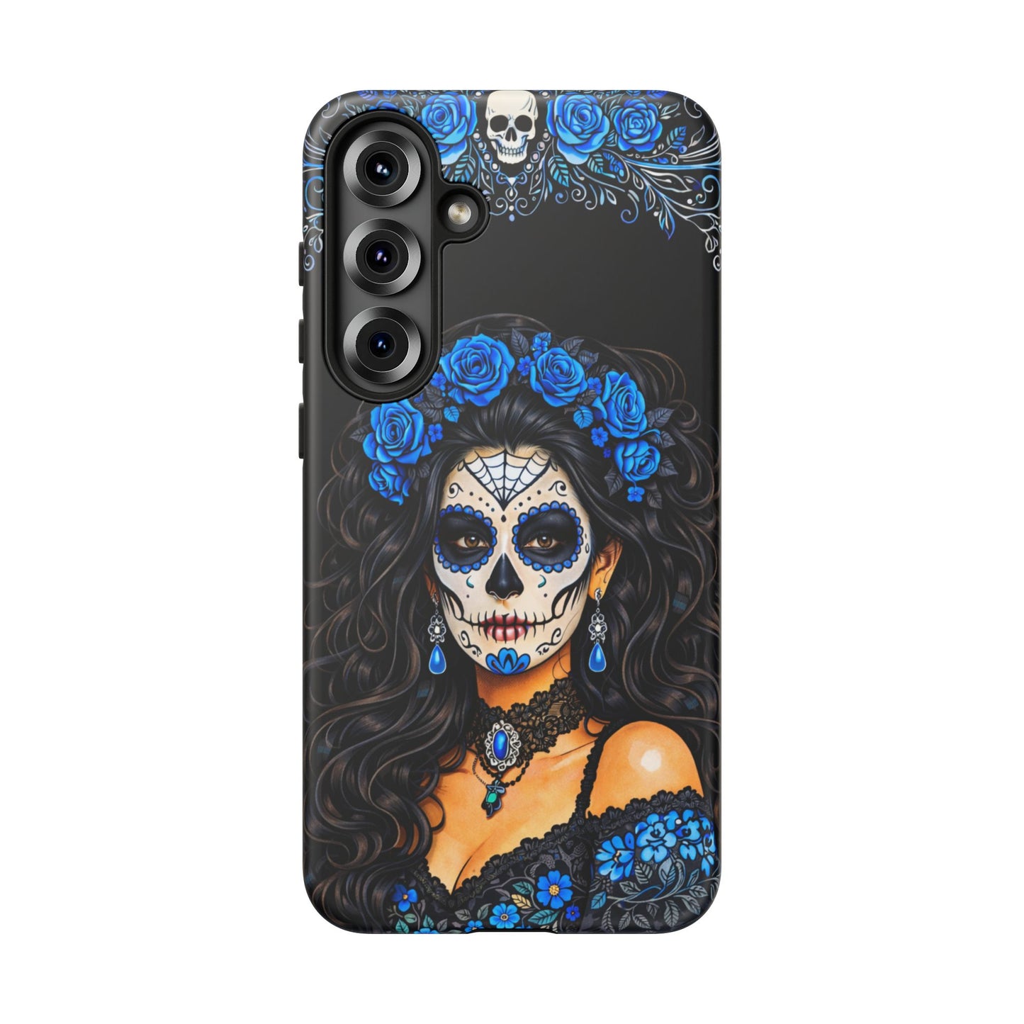 Blue Sugar Skull Woman Phone Case – Day of the Dead Aesthetic Tough Cover