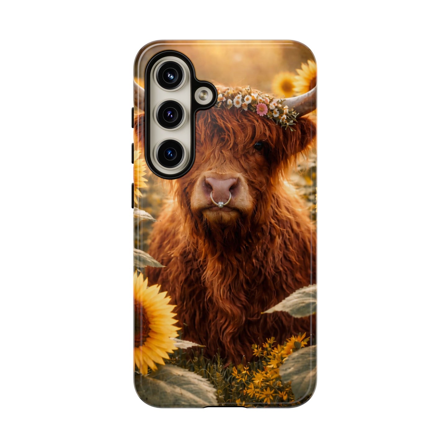 Highland Cow Sunflower Phone Case | Floral Farmhouse iPhone, Samsung Galaxy and Pixel Cover