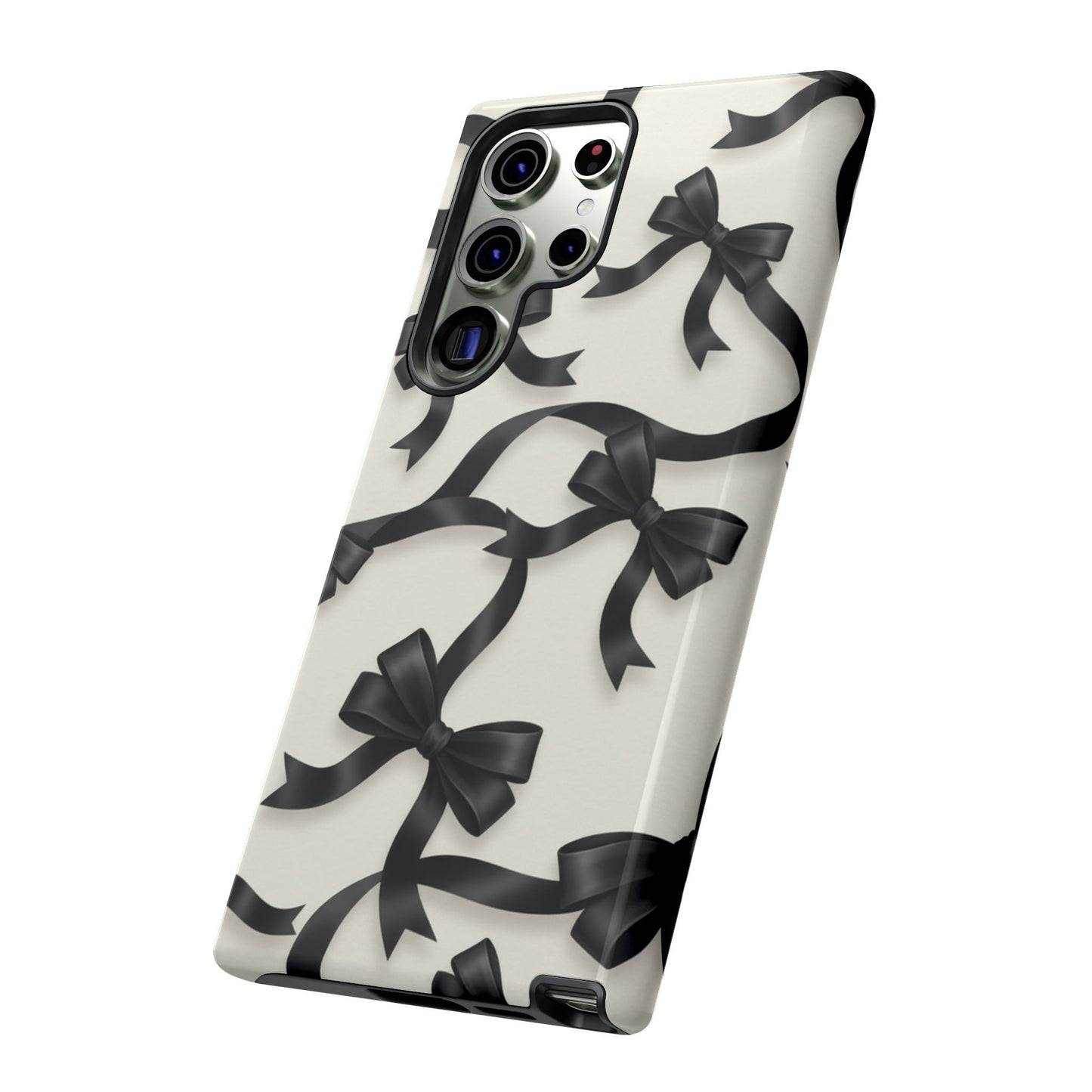 Black Ribbon Bow Phone Case, Minimal Bow Pattern Tough Protective Case