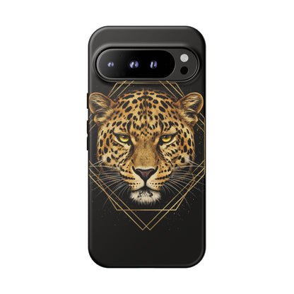 Leopard Head Geometric Phone Case – Black & Gold Luxe Tough Case