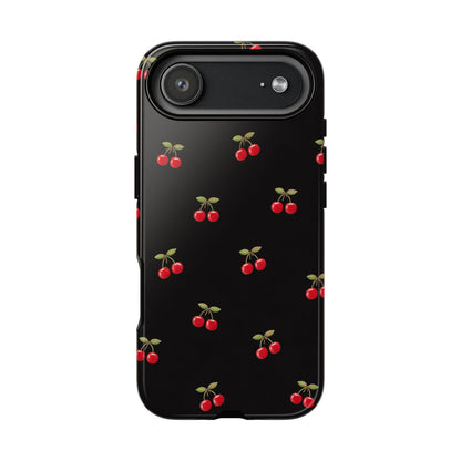 Cherry Pattern Phone Case — Slim Black Protective iPhone Case with Red Cherries for Iphone, Samsung Galaxy and Pixel