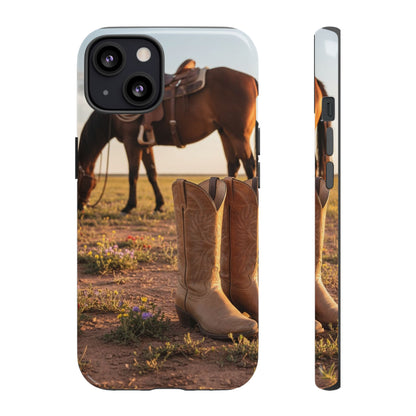 Western Cowboy Boots Phone Case – Rustic Horse Sunset Tough Case (iPhone, Samsung, Pixel)