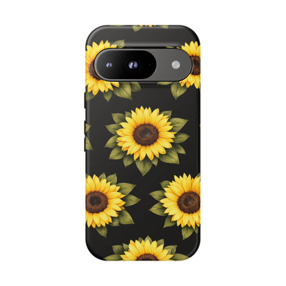 Sunflower Floral Tough Phone Case – Black Background Protective Cover for Iphone, Samsung Galaxy and Pixel