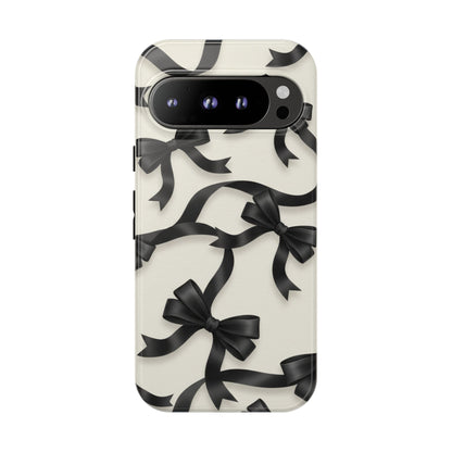 Black Ribbon Bow Phone Case, Minimal Bow Pattern Tough Protective Case