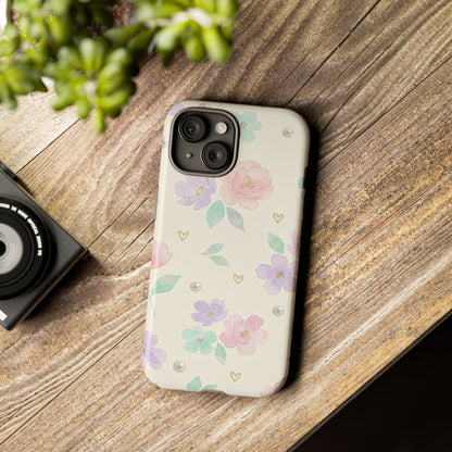 Pastel Floral Phone Case – Coquette Watercolor Flower Hearts Tough Case (iPhone, Samsung, Pixel)