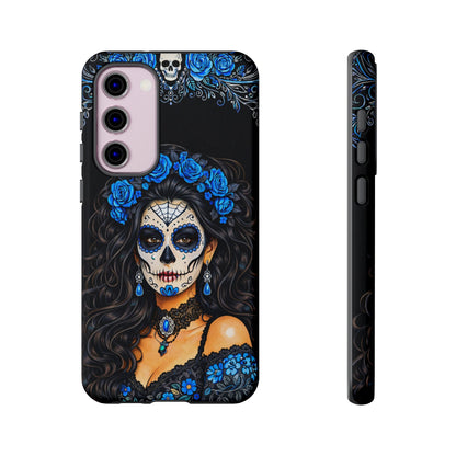 Blue Sugar Skull Woman Phone Case – Day of the Dead Aesthetic Tough Cover